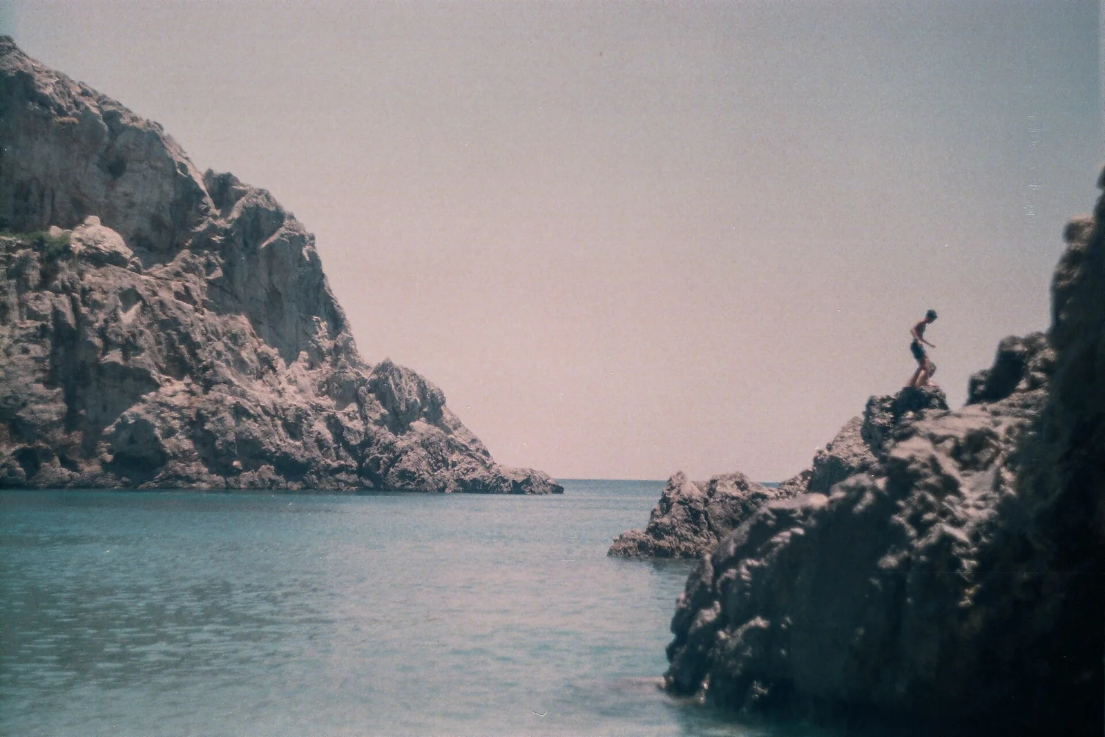 The sea framed by cliffs at the mouth of the Agiofarago gorge