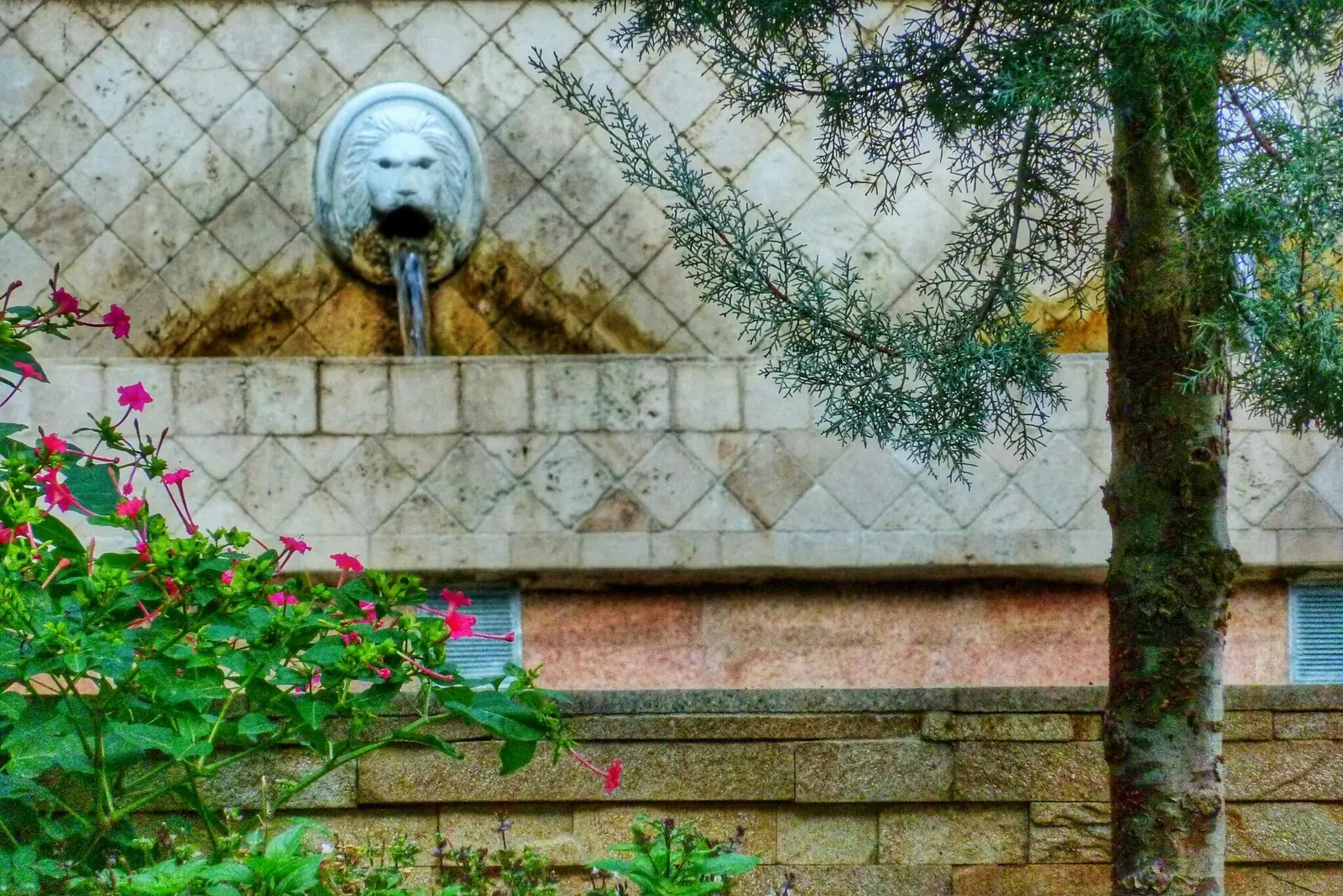 A lion-head spout on the Spili fountain